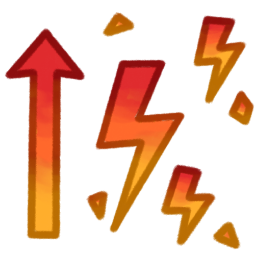 an arrow pointing upwards which is red at the top and fades to orange then yellow near the bottom, to the right of the arrow is 3 lightning bolts, a big one centered, medium one below it to the right, and small one above it to the right. they’re also fading from red to yellow. there’s 4 other smaller triangular shapes scattered around